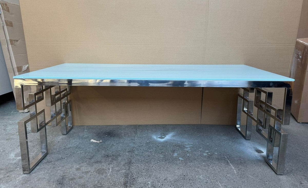 Luxus Edelstahl Couchtisch mit Marmorglas Tischplatte Weiß / Silber 120 cm