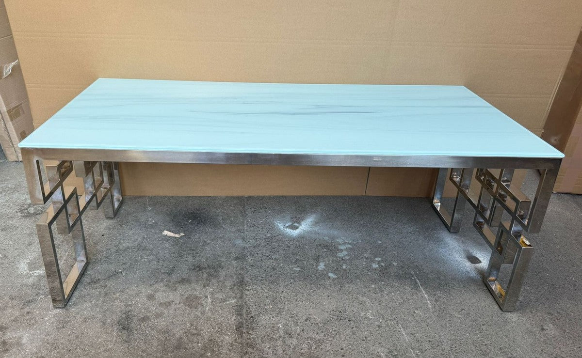 Luxus Edelstahl Couchtisch mit Marmorglas Tischplatte Weiß / Silber 120 cm