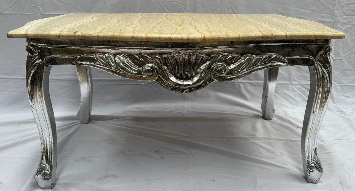 Barock Couchtisch Silber / Creme - Rechteckiger Massivholz Wohnzimmertisch mit Marmorplatte - Barockstil Wohnzimmer Möbel - Barock Möbel - Antik Stil Wohnzimmer Möbel
