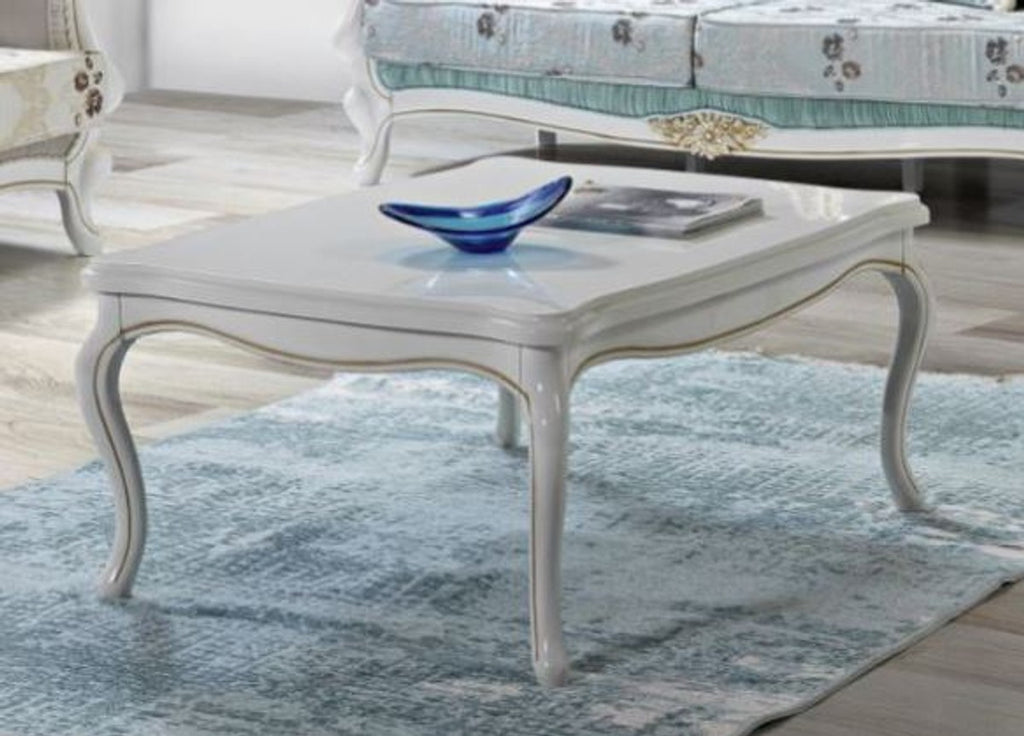 Barock Couchtisch Weiß / Gold 105 x 80 x H. 46 cm - Massivholz Wohnzimmertisch im Barockstil - Barock Wohnzimmer Möbel