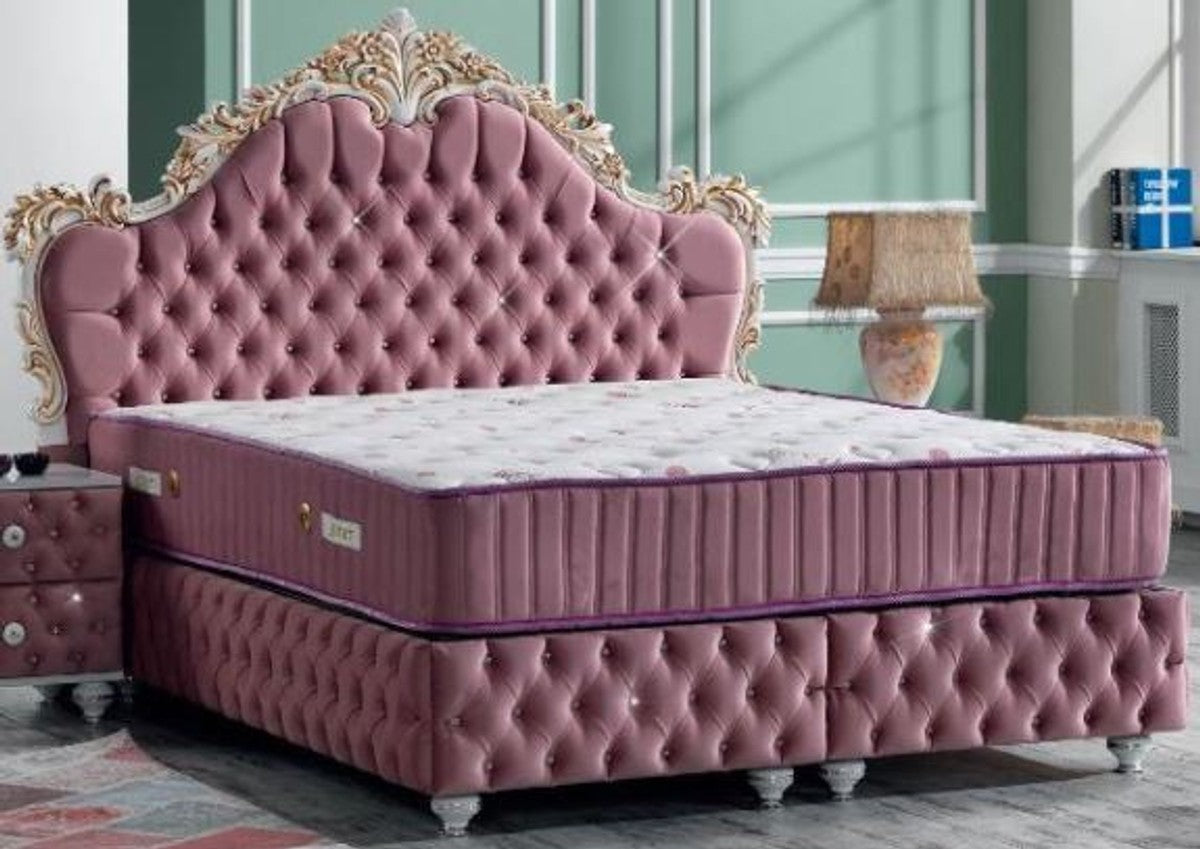 Barock Doppelbett Rosa / Weiß / Antik Gold - Prunkvolles Samt Bett mit Glitzersteinen und Matratze - Schlafzimmer Set im Barockstil
