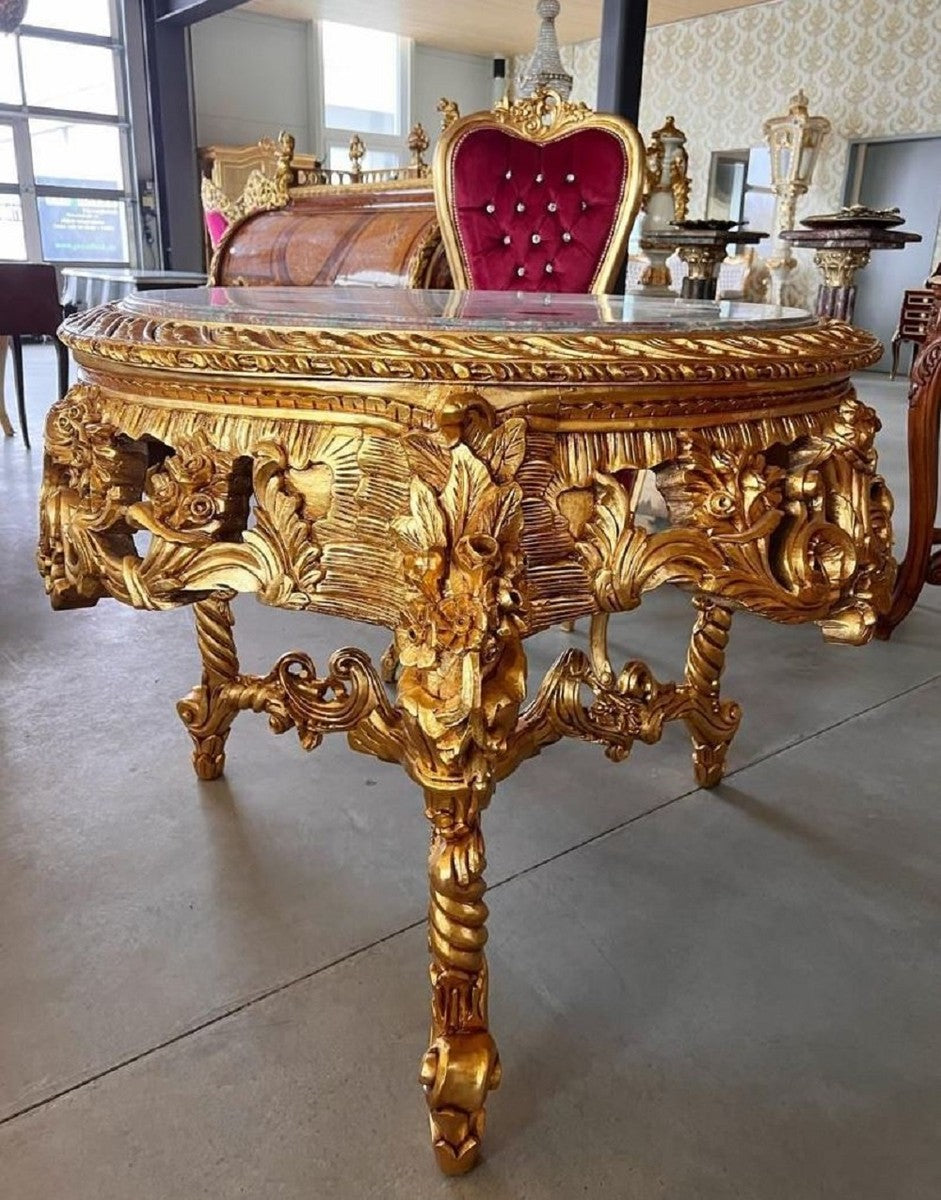 Barock Esstisch Gold / Grau-Braun - Runder Massivholz Esszimmertisch mit Marmorplatte - Esszimmer Möbel im Barockstil - Barock Möbel - Edel & Prunkvoll