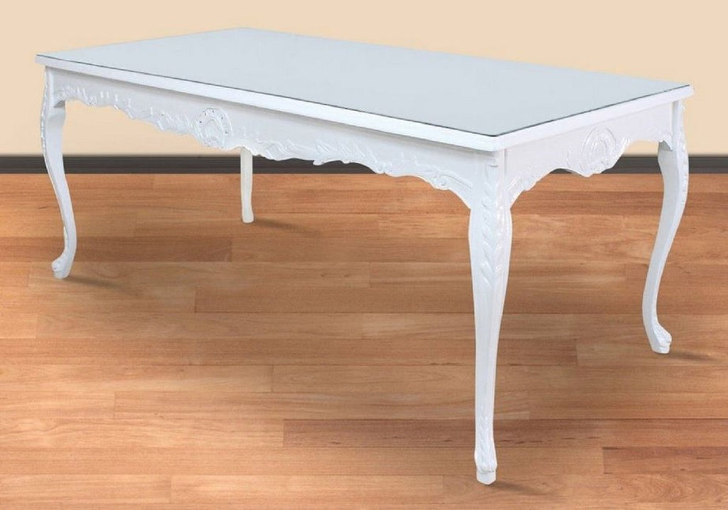 Barock Esstisch Weiß 200 x 100 x H. 90 cm - Massivholz Küchentisch mit Glasplatte - Barock Esszimmer Möbel