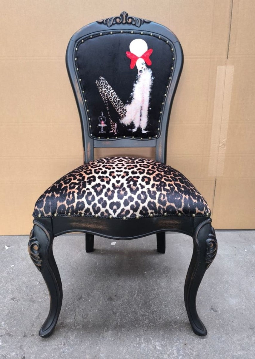 Luxus Barock Esszimmer Stuhl Leopard / Schwarz H. 110 cm - Esszimmer Möbel