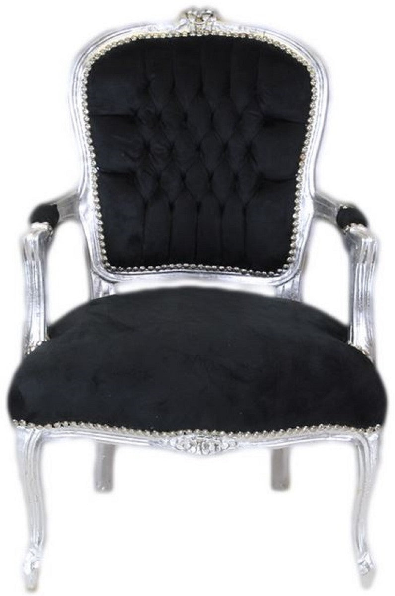 Barock Salon Stuhl Schwarz / Silber - Handgefertigter Antik Stil Stuhl mit edlem Samtstoff - Möbel im Barockstil - Barock Möbel - Barock Einrichtung