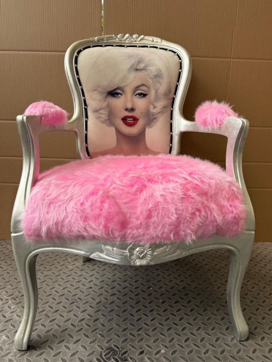 Luxus Barock Salon Stuhl mit Armlehnen Rosa / Silber - Barock Möbel