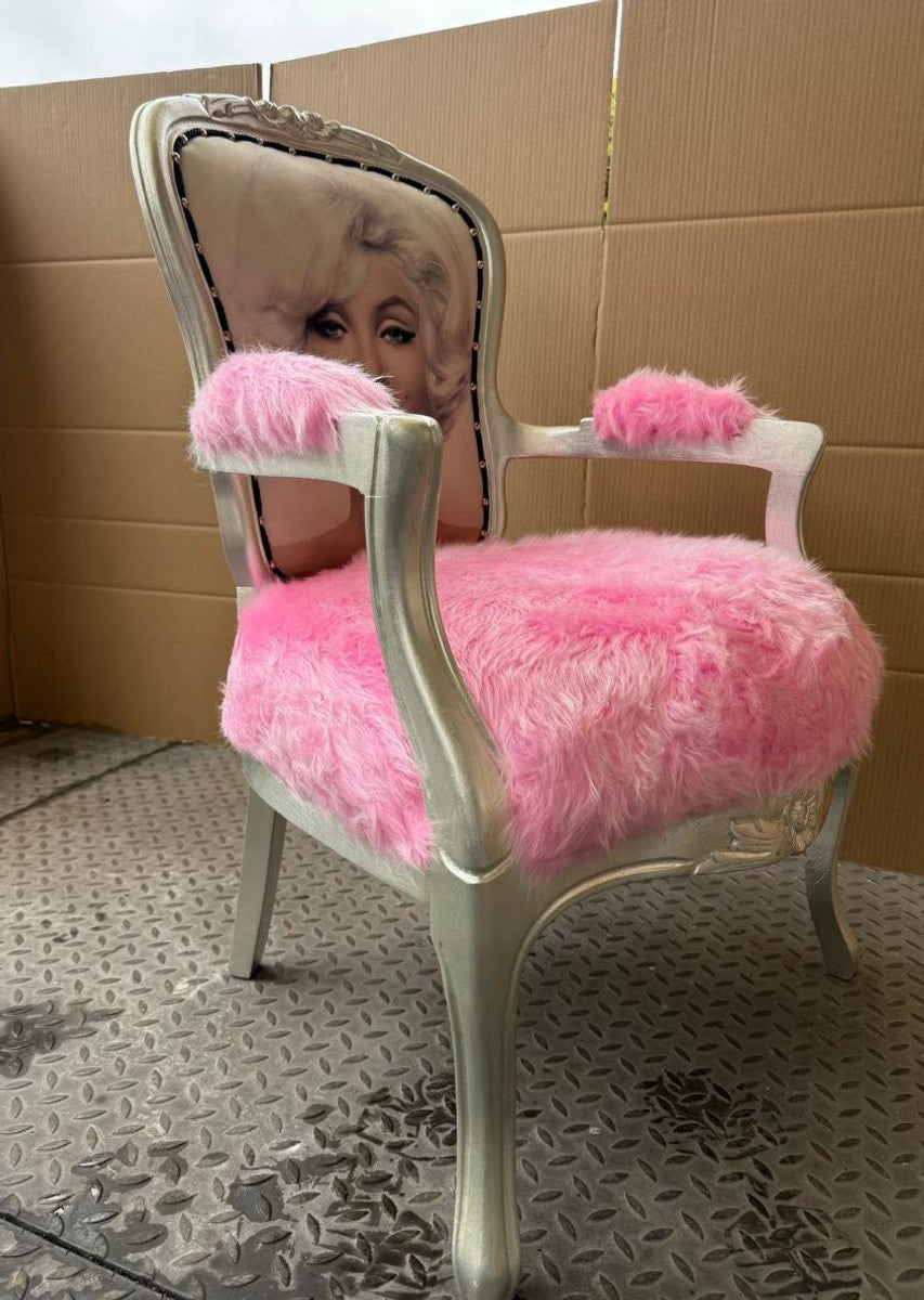 Luxus Barock Salon Stuhl mit Armlehnen Rosa / Silber - Barock Möbel