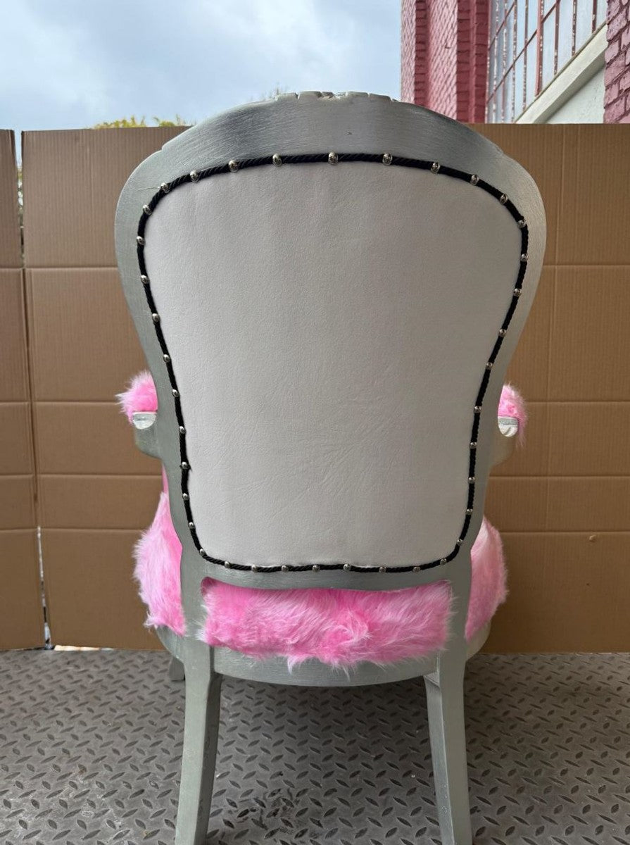 Luxus Barock Salon Stuhl mit Armlehnen Rosa / Silber - Barock Möbel
