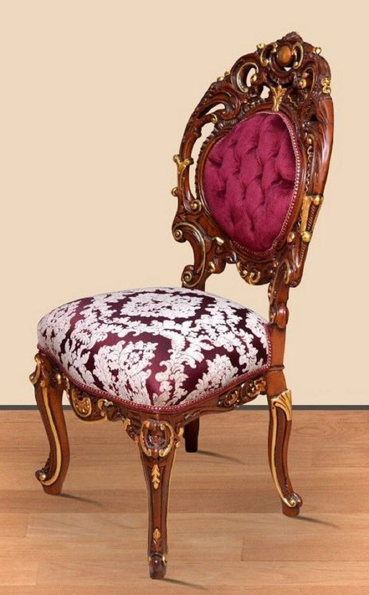 Barock Esszimmerstuhl Bordeauxrot / Cremefarben / Braun / Gold 60 x 50 x H. 120 cm - Prunkvoller Massivholz Küchenstuhl mit edlem Muster - Barock Esszimmer Möbel