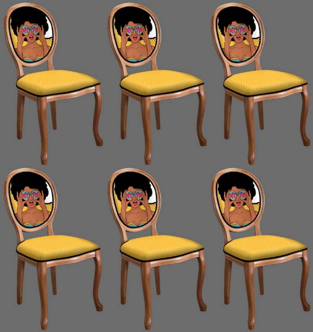 Barock Esszimmerstuhl Set Gelb / Mehrfarbig / Braun - 6 Handgefertigte Küchen Stühle im Barockstil - Barock Esszimmer Möbel