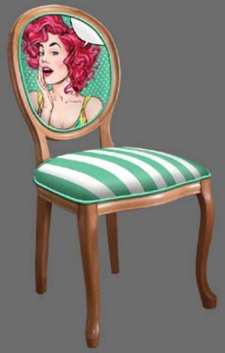 Barock Esszimmerstuhl Set Grün / Weiß / Mehrfarbig / Braun - 6 Handgefertigte Küchen Stühle im Barockstil - Barock Esszimmer Möbel