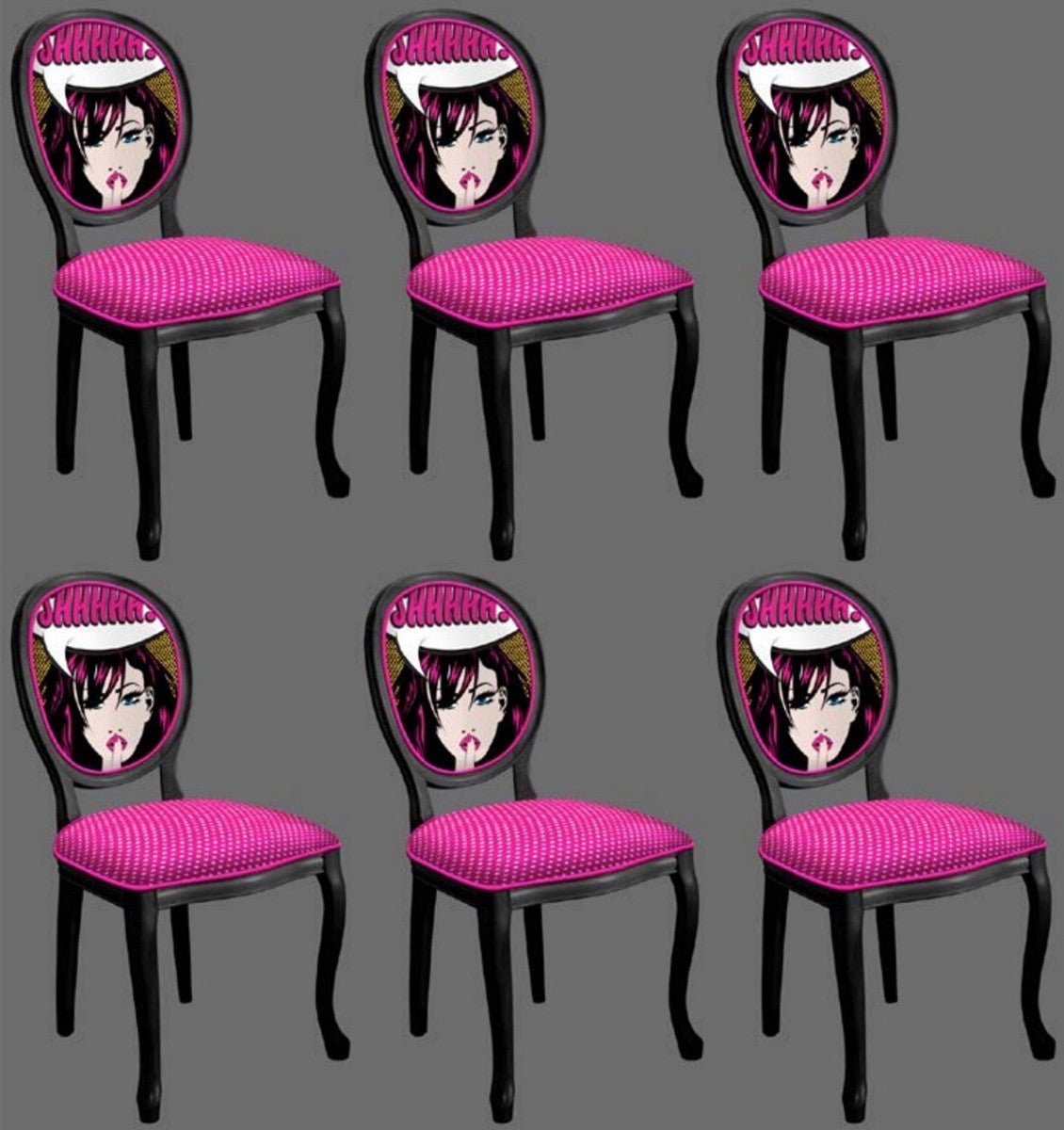 Barock Esszimmerstuhl Set Lila / Mehrfarbig / Schwarz - 6 Handgefertigte Küchen Stühle im Barockstil - Barock Esszimmer Möbel