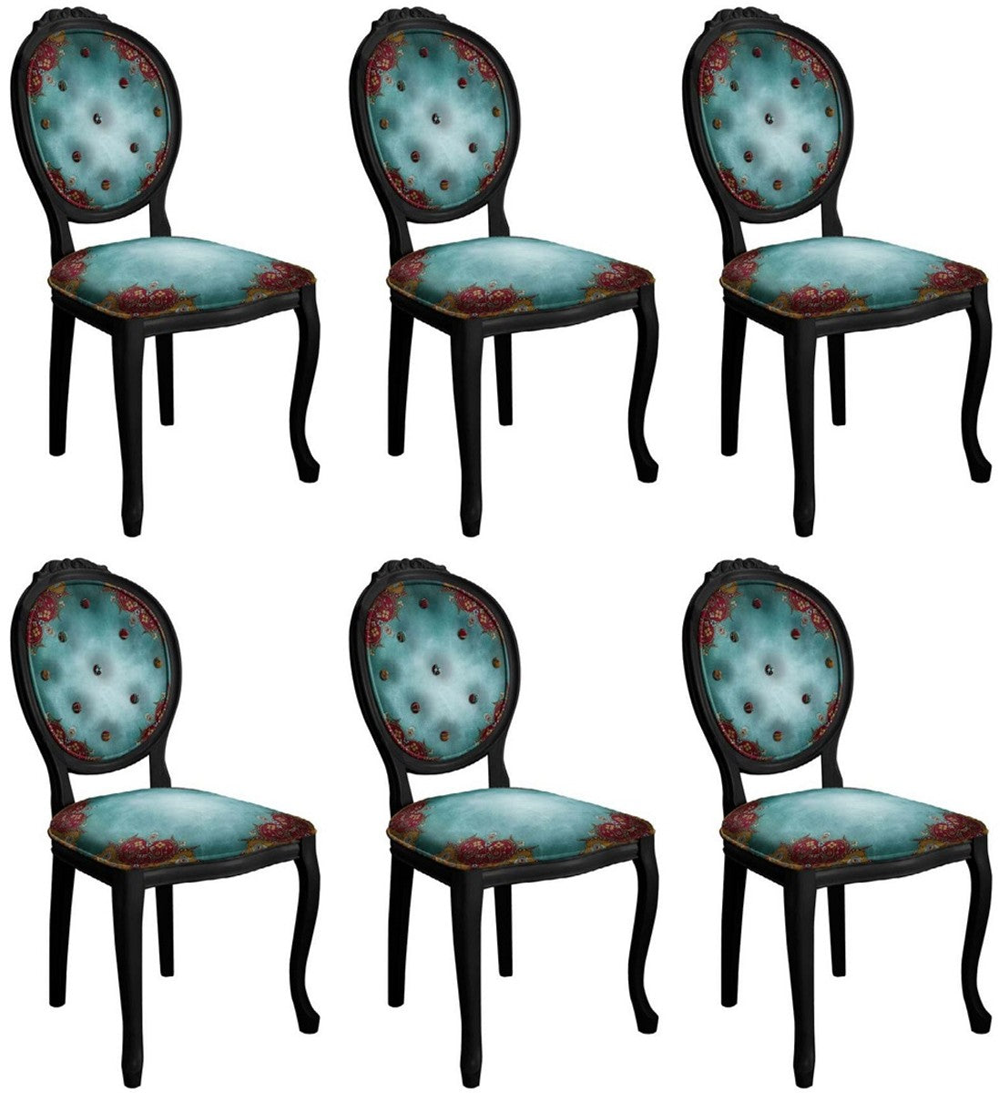 Barock Esszimmerstuhl Set mit elegantem Design Mehrfarbig / Schwarz - 6 Handgefertigte Küchen Stühle im Barockstil - Barock Esszimmer Möbel