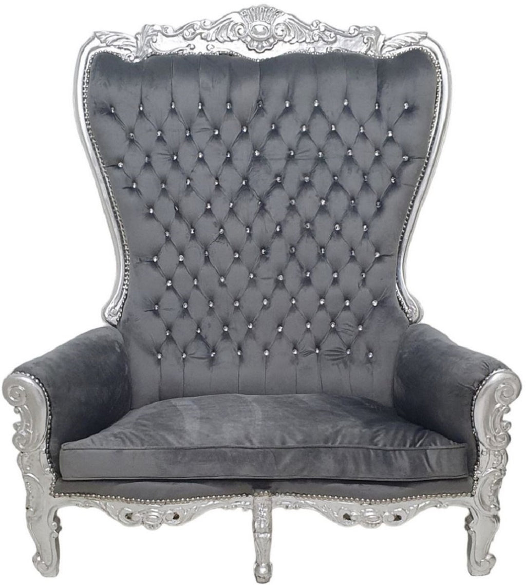 Barock Hochlehn 2er Sofa Grau / Silber - Prunkvolles Barockstil Sofa mit Glitzersteinen - Wohnzimmer Möbel im Barockstil - Barock Möbel - Edel & Prunkvoll