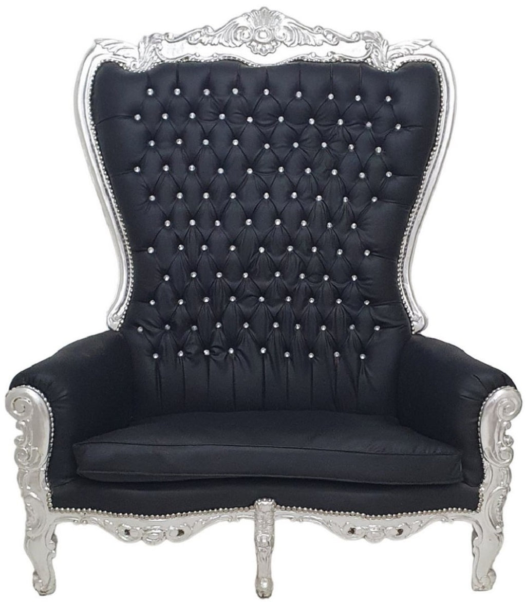 Barock Hochlehn 2er Sofa Schwarz / Silber - Prunkvolles Barockstil Sofa mit Glitzersteinen - Wohnzimmer Möbel im Barockstil - Barock Möbel - Edel & Prunkvoll