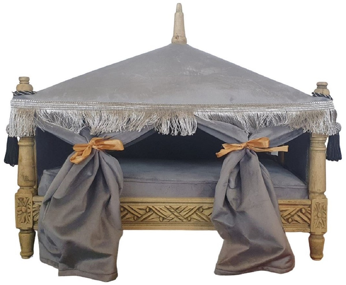 Barock Hundebett Grau / Naturfarben - Handgefertigtes Antik Stil Hundebett - Prunkvolle Hunde Möbel im Barockstil - Antik Stil Tiermöbel - Barock Tiermöbel
