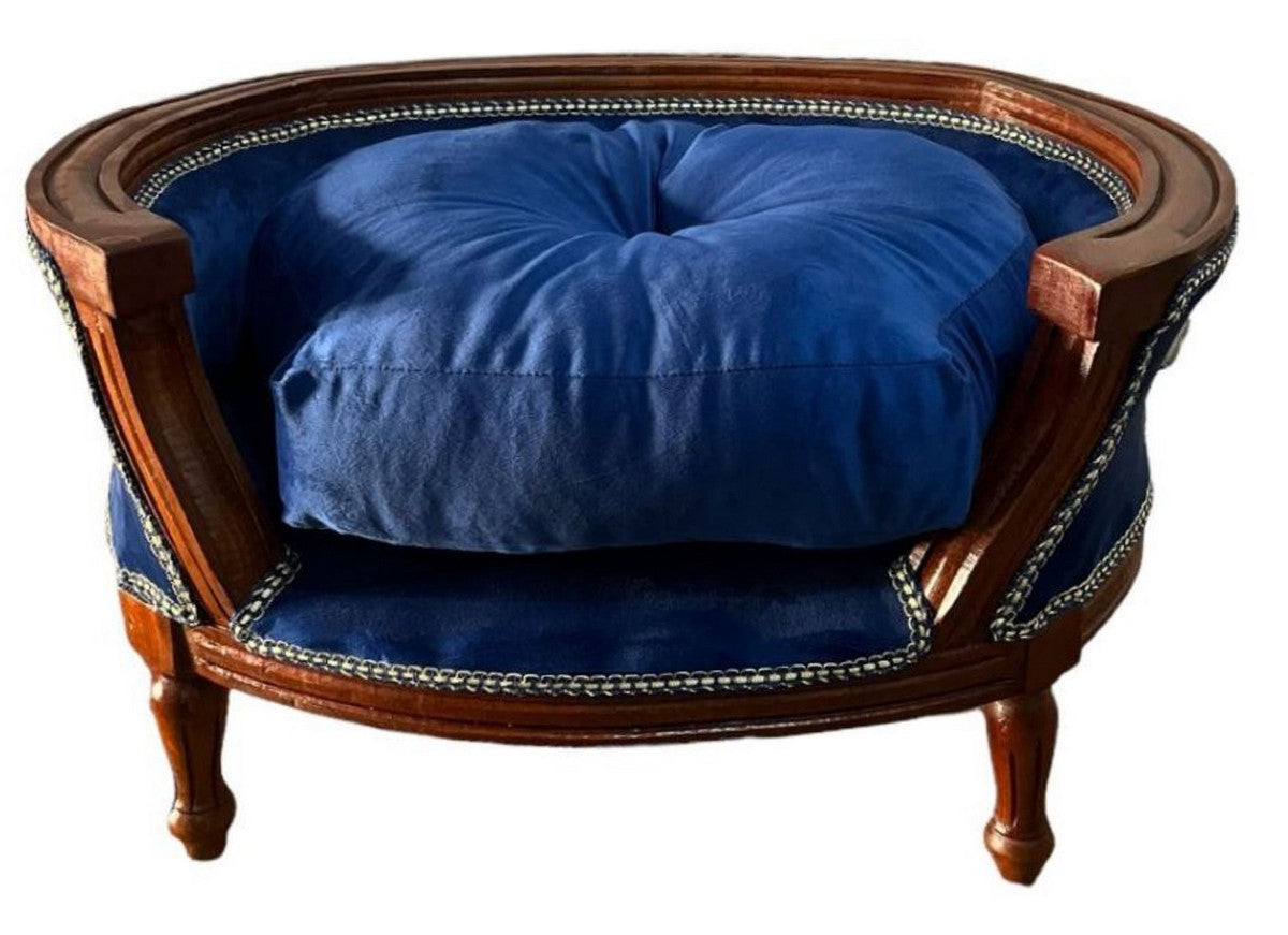 Barock Hundebett & Katzenbett mit Kissen Royalblau / Braun - Handgefertigtes Hunde & Katzen Sofa im Barockstil - Barock Hunde & Katzen Möbel - Barock Tiermöbel
