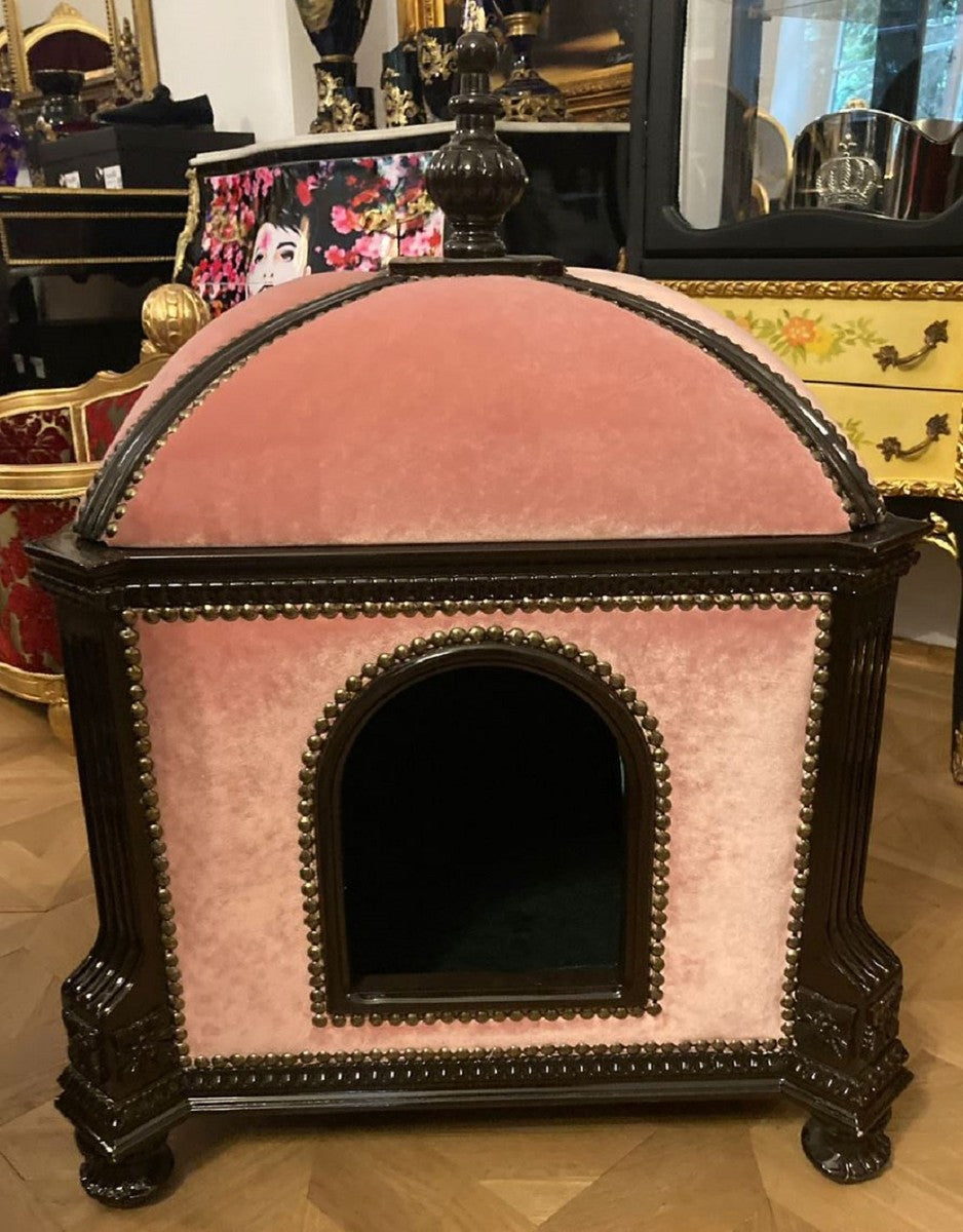 Barock Katzenhaus Rosa / Dunkelbraun - Prunkvoller Katzen Tempel im Barockstil - Handgefertigtes Barockstil Katzenbett - Barock Katzen Möbel - Barock Tiermöbel