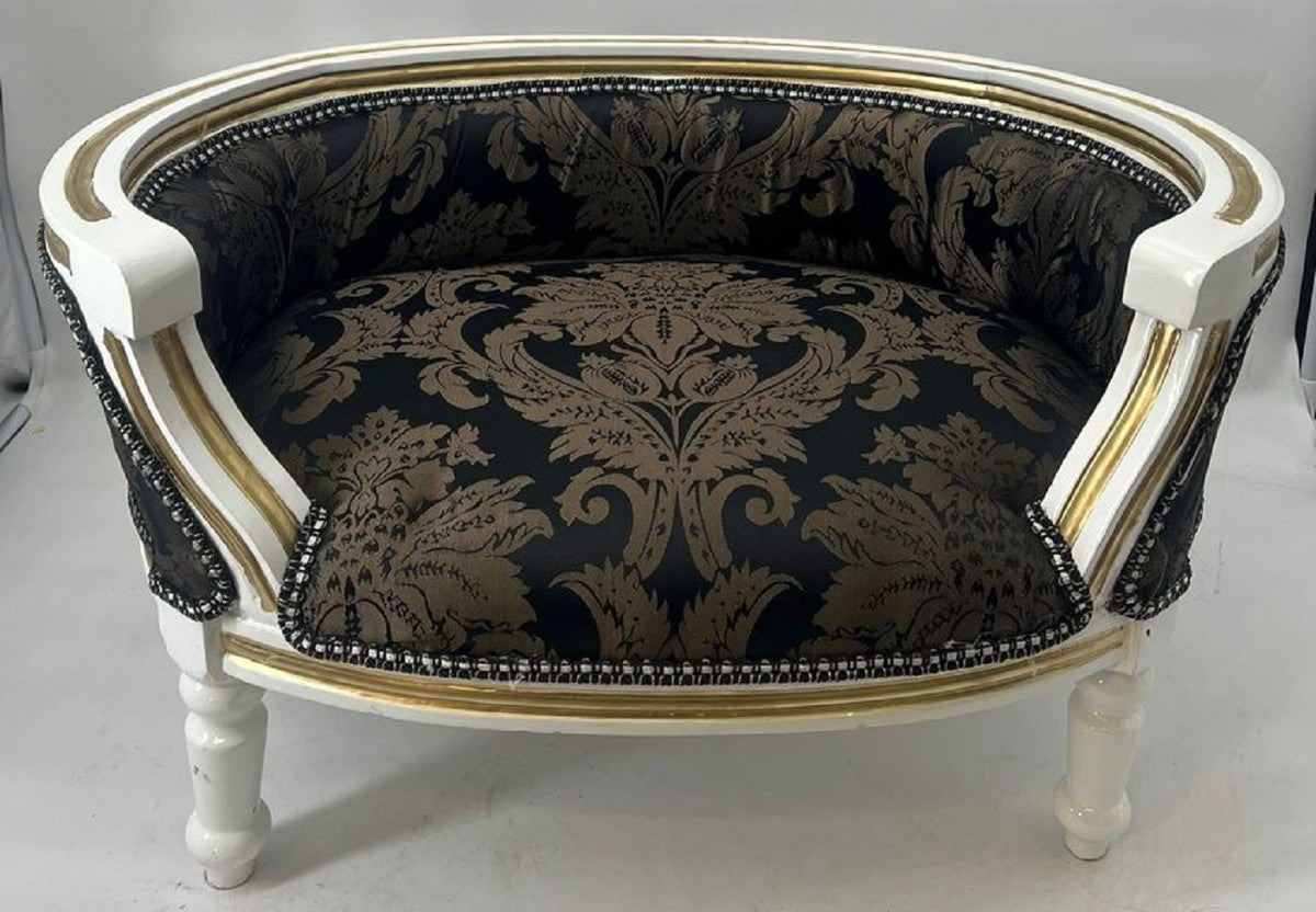 Barock Hundebett & Katzenbett Schwarz Muster / Weiß / Gold - Handgefertigtes Hunde & Katzen Sofa im Barockstil - Barock Hunde & Katzen Möbel - Barock Tiermöbel
