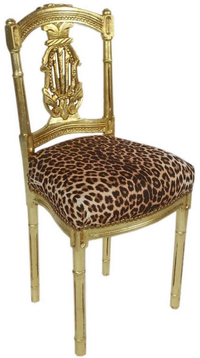 Barock Damen Stuhl Leopard / Gold 40 x 35 x H. 85 cm - Handgefertigter Antik Stil Stuhl - Barock Möbel