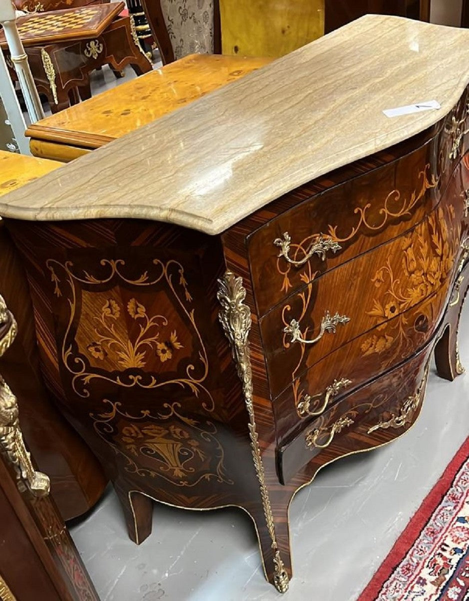 Barock Kommode Dunkelbraun / Braun Intarsien / Gold / Cremefarben - Handgefertigte Massivholz Kommode mit 4 Schubladen und Marmorplatte - Barock Möbel