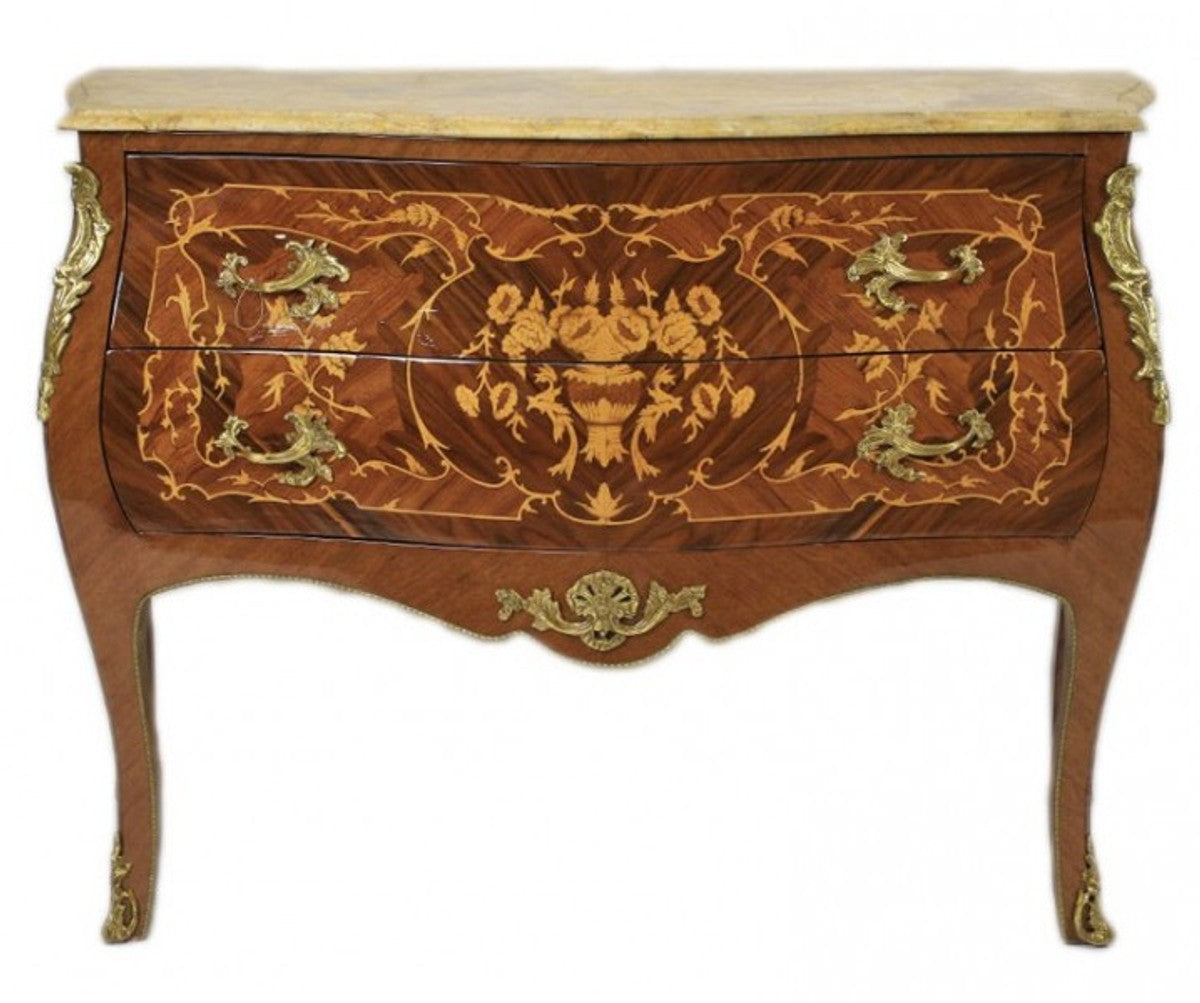 Barock Kommode Braun mit Marmorplatte Creme und 2 Schubladen - Empire Kommode