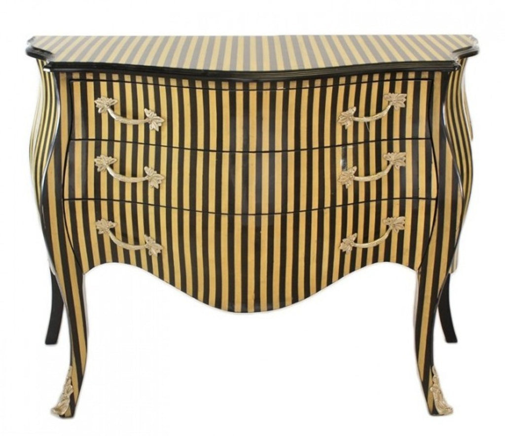 Barock Kommode Streifen Creme / Schwarz - Handgefertigt aus Massivholz- Limited Edition