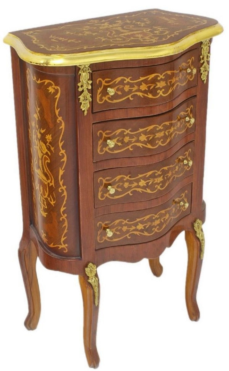 Barock Kommode Dunkelbraun / Gold 50 x 30 x H. 80 cm - Handgefertigte Massivholz Antik Stil Kommode mit 4 Schubladen - Barock Möbel