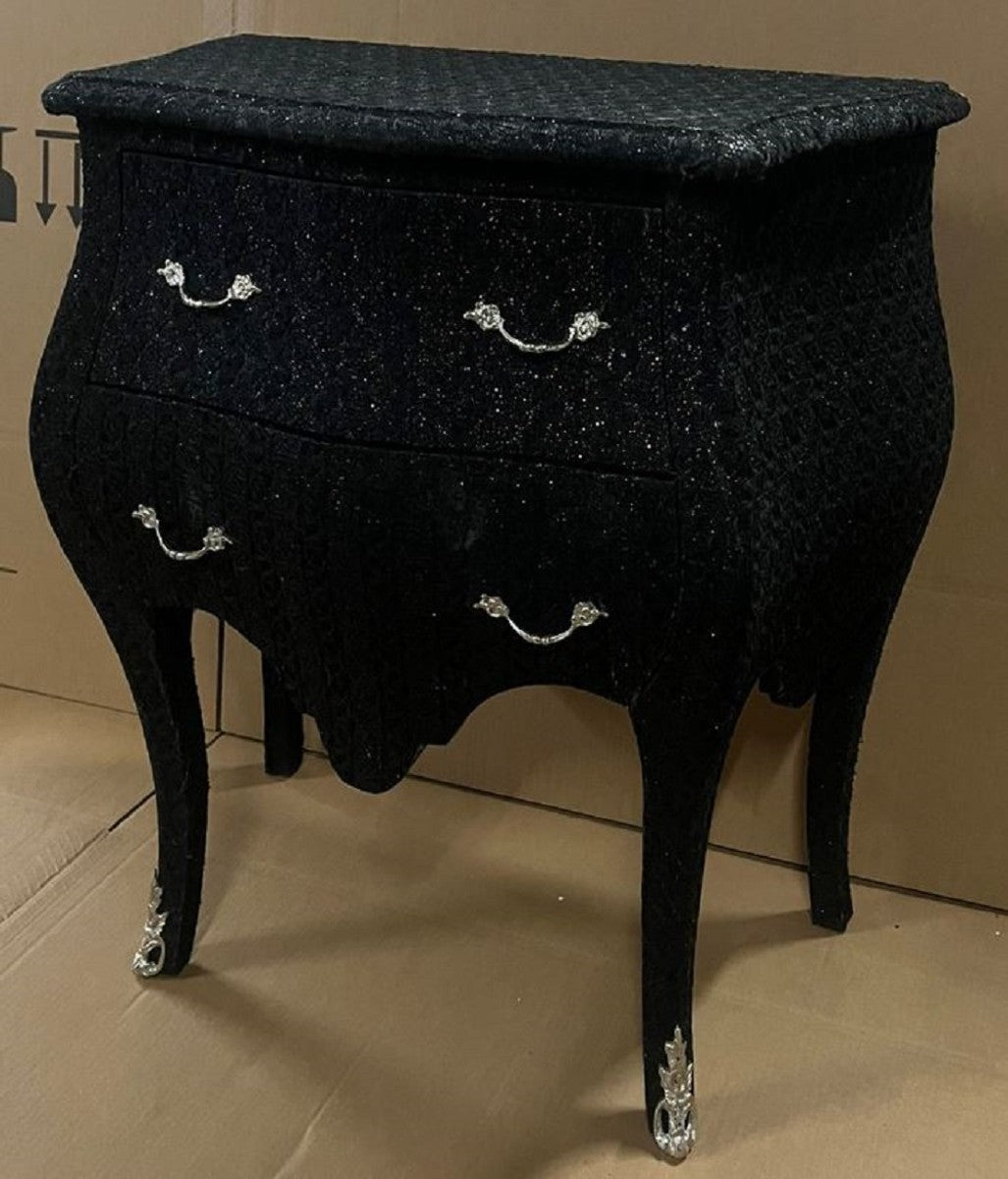 Barock Kommode Schwarz Glitzer Look / Silber - Handgefertigte Barockstil Nachtkommode mit 2 Schubladen - Barock Möbel - Schlafzimmer Möbel im Barockstil