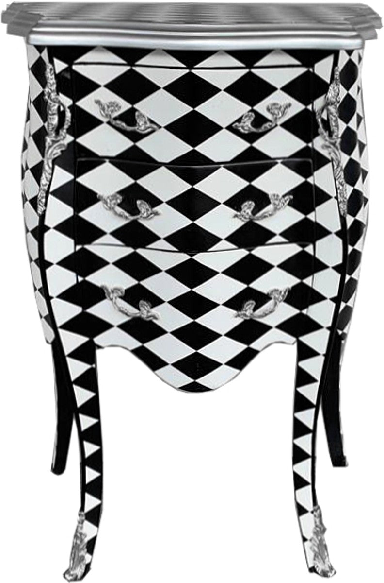 Barock Kommode Karo Schwarz Weiß - Nachttisch Schrank Nachtschrank