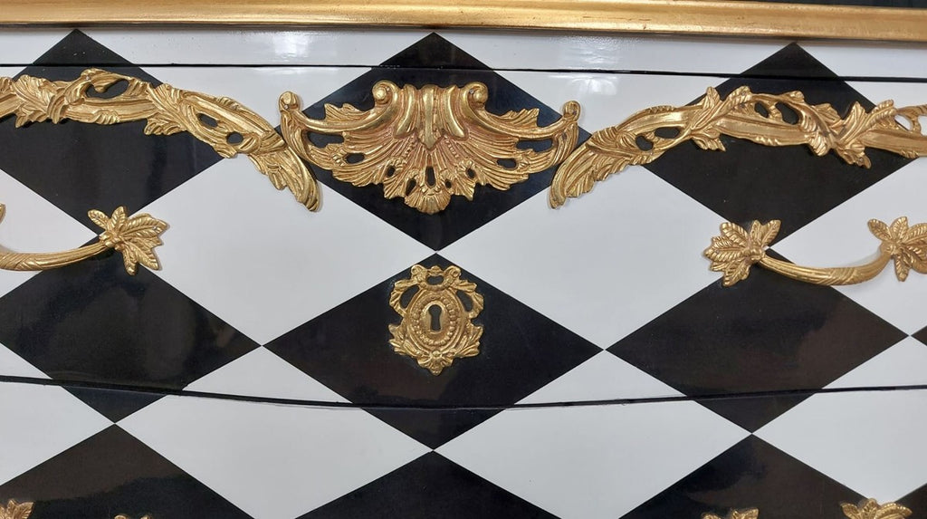 Barock Kommode mit Karo Design und 2 Schubladen Schwarz / Weiß / Gold - Handgefertigte Massivholz Kommode im Barockstil - Schlafzimmer Möbel im Barockstil - Barock Möbel
