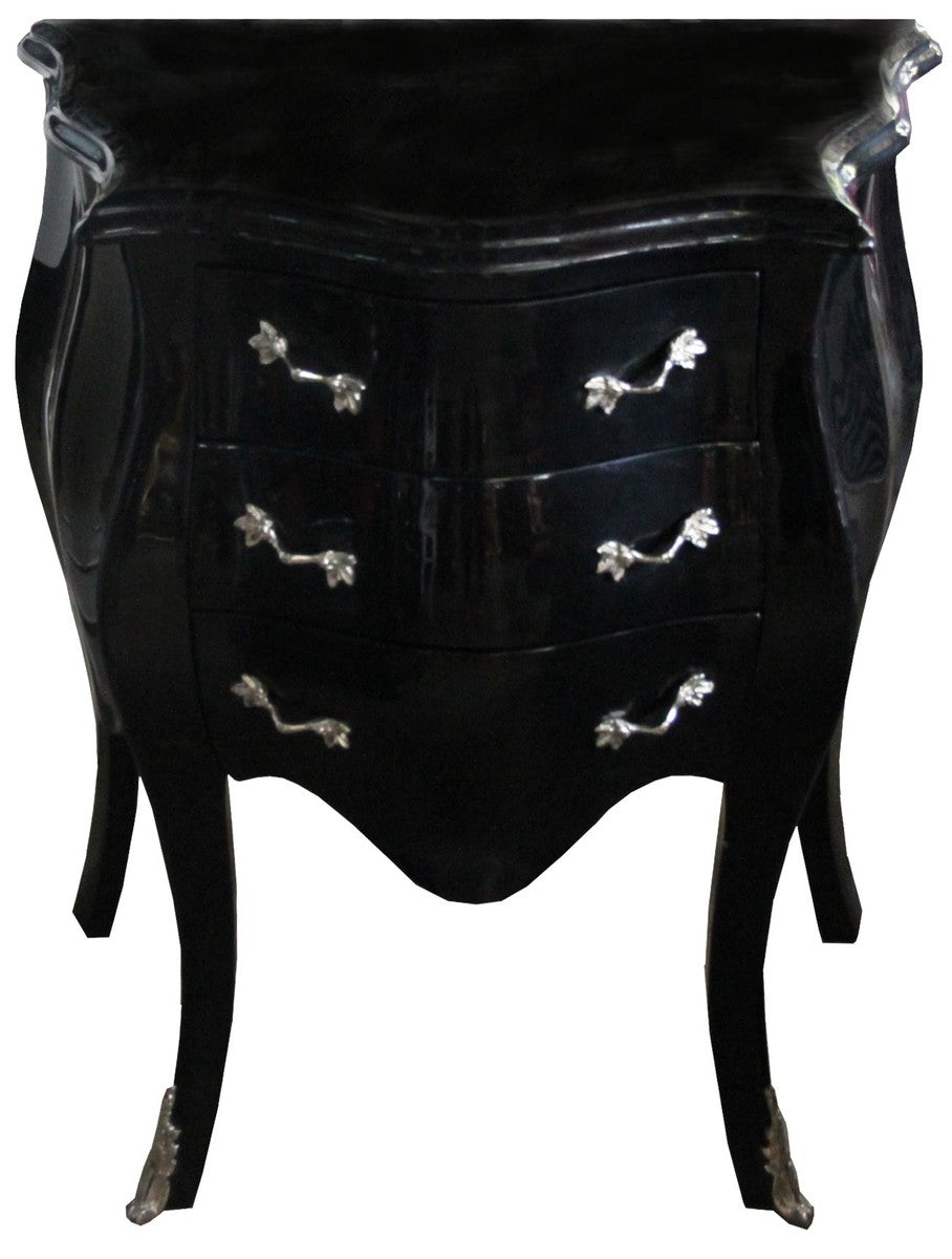 Barock Kommode Schwarz / Silber H 74 cm, B 64 cm, T 40 cm - Nachttisch Kommode