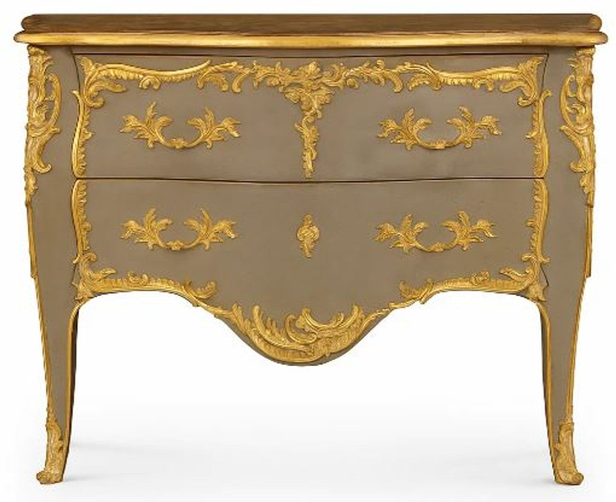 Barock Kommode mit 2 Schubladen Antik Grau / Gold - Handgefertigte Massivholz Kommode im Barockstil - Handgefertigte Barock Möbel - Edel & Prunkvoll