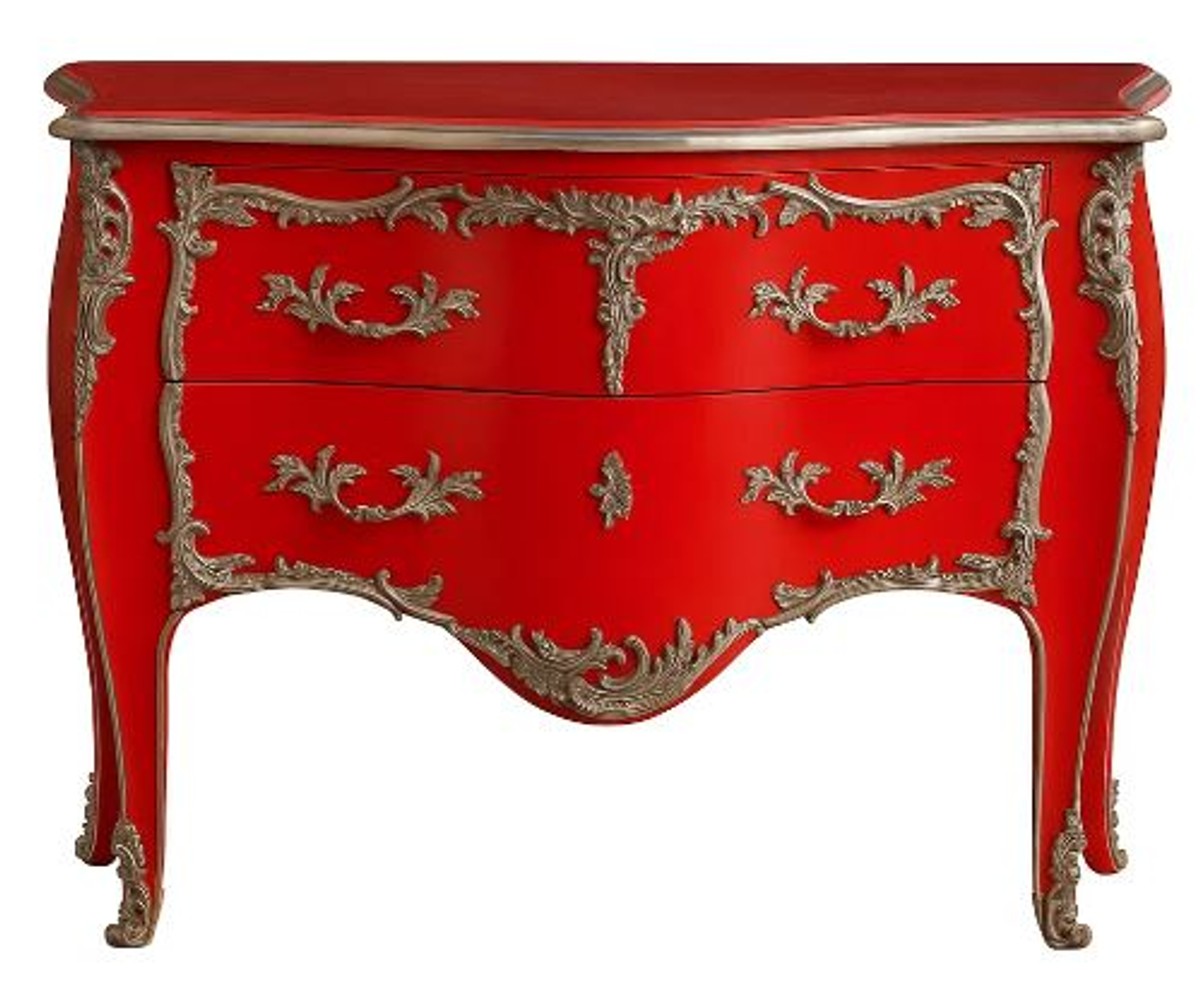 Barock Kommode mit 2 Schubladen Antik Rot / Silber - Handgefertigte Massivholz Kommode im Barockstil - Handgefertigte Barock Möbel - Edel & Prunkvoll
