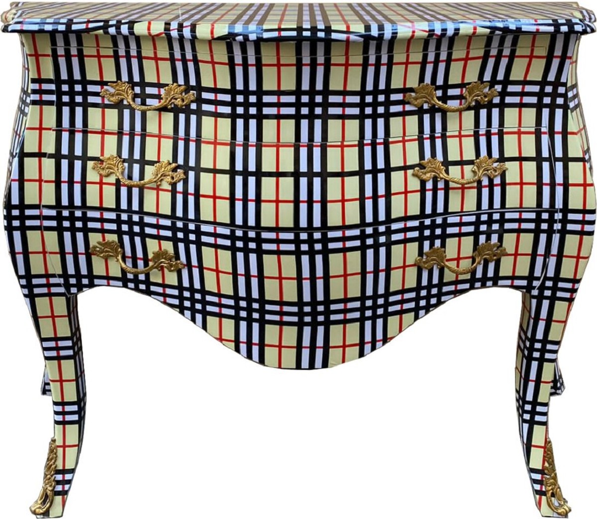 Barock Kommode mit 3 Schubladen Cremefarben / Weiß / Schwarz / Rot - Gestreifte Massivholz Kommode im Barockstil - Handgefertigte Barock Möbel