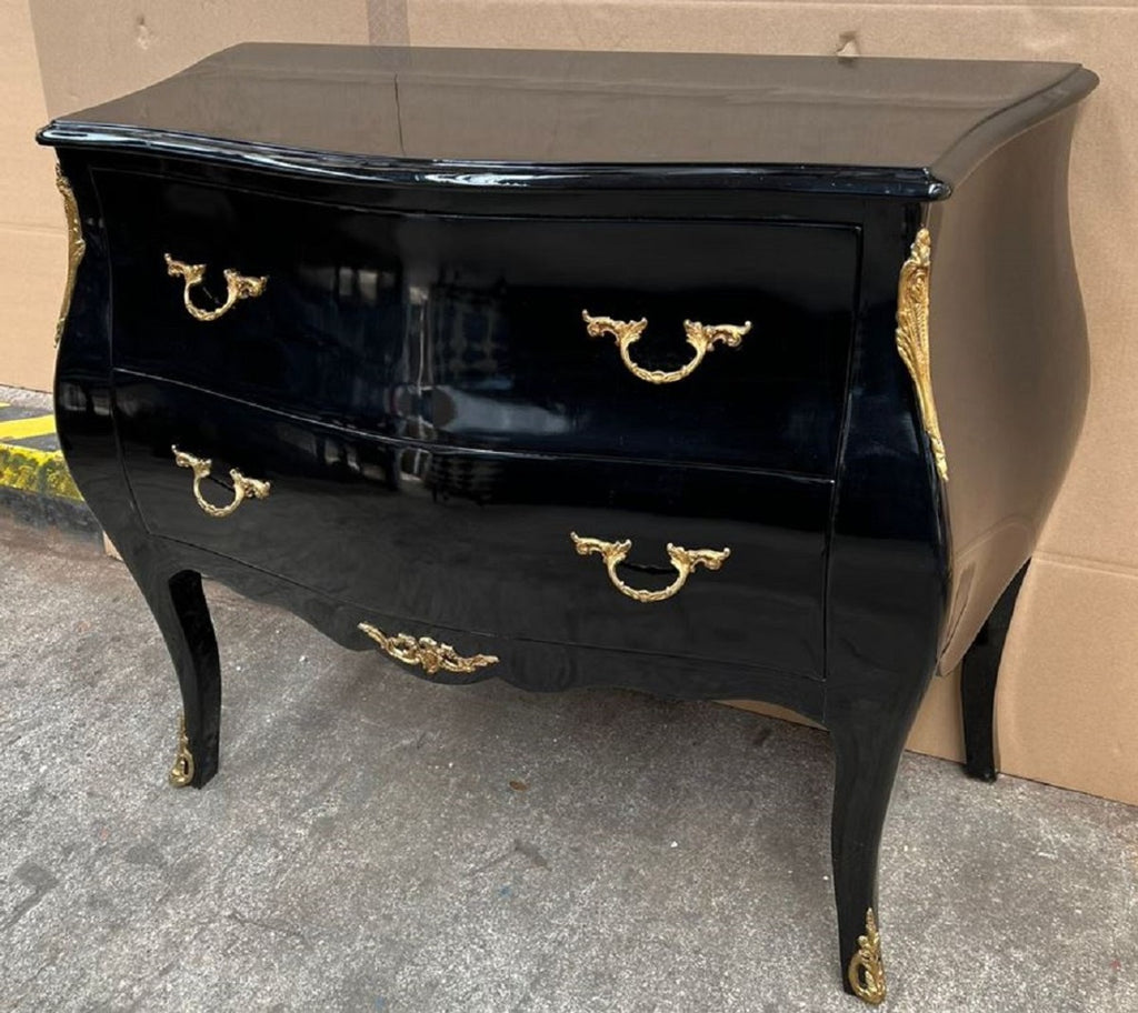 Barock Kommode mit 2 Schubladen Schwarz / Gold - Handgefertigte Massivholz Kommode im Barockstil - Handgefertigte Barock Möbel - Edel & Prunkvoll