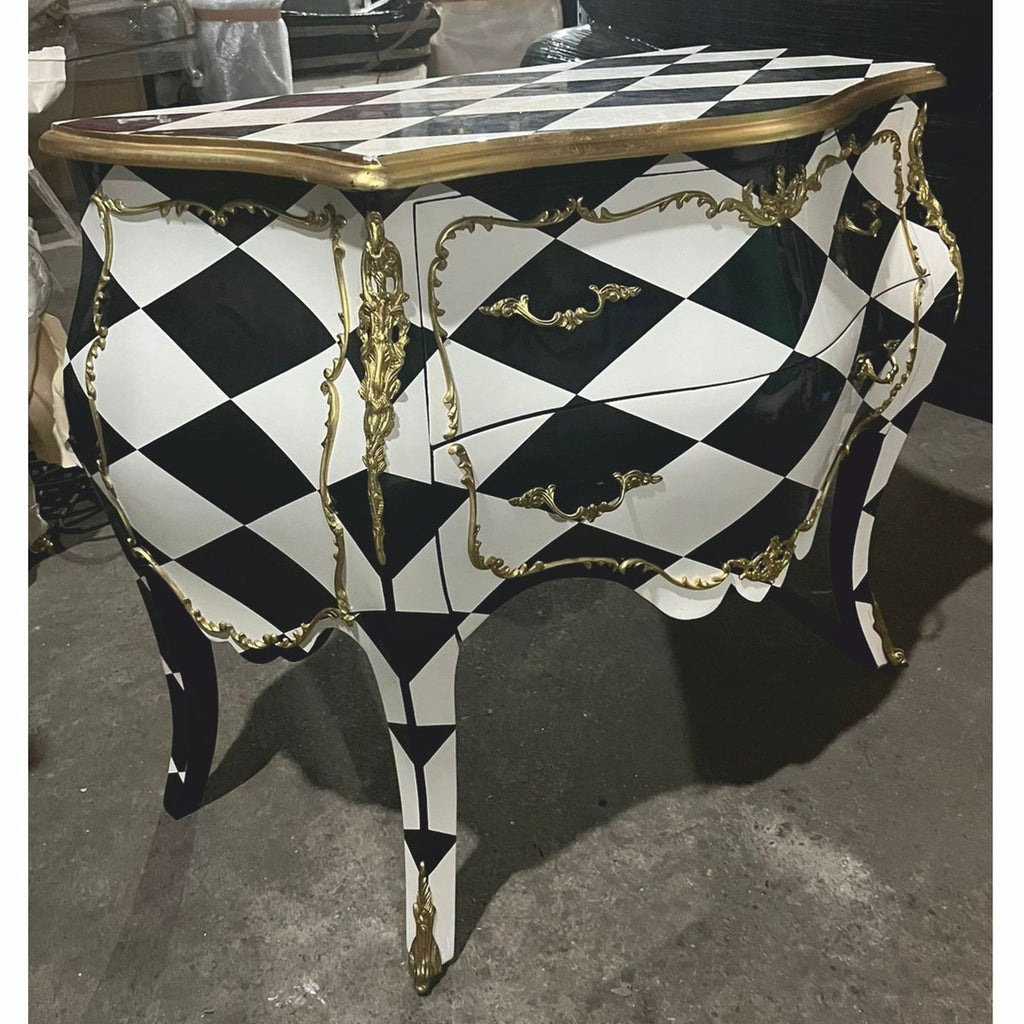 Barock Kommode mit Karo Design und 2 Schubladen Schwarz / Weiß / Gold - Barock Möbel