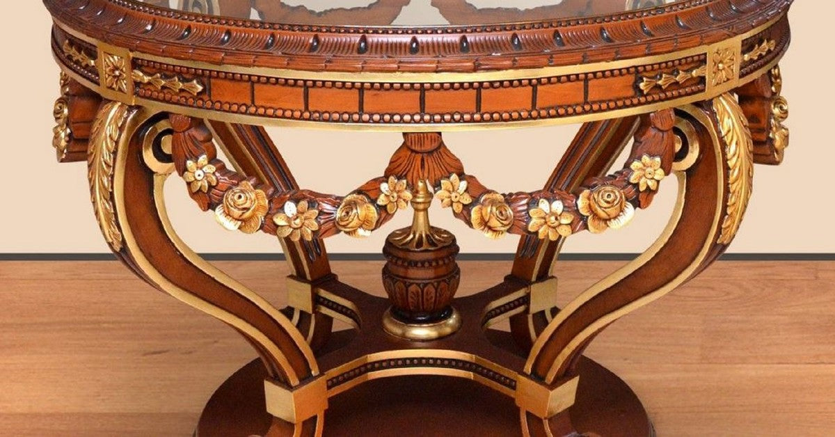 Barock Konferenztisch Braun / Gold - Runder Massivholz Büro Tisch mit Glasplatte - Barock Büro Möbel - Edel & Prunkvoll