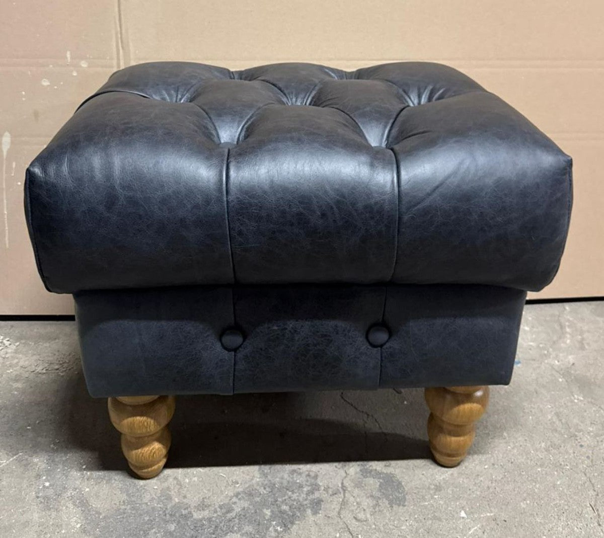 Luxus Chesterfield Leder Fußhocker Vintage Schwarz / Naturfarben