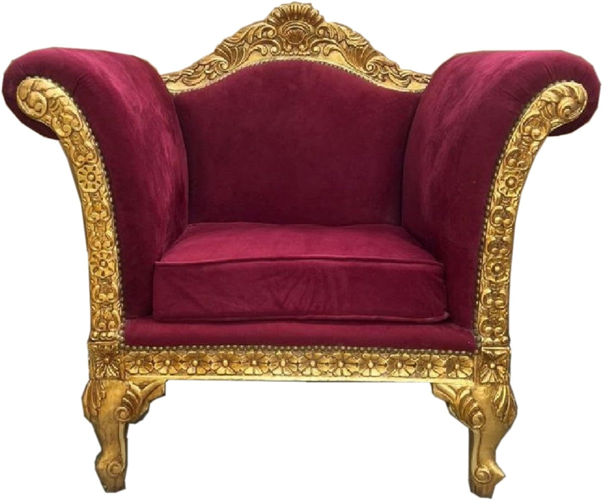 Barock Lounge Sessel Bordeauxrot / Gold - Handgefertigter Antik Stil Sessel - Wohnzimmer Möbel - Barock Möbel - Edel & Prunkvoll