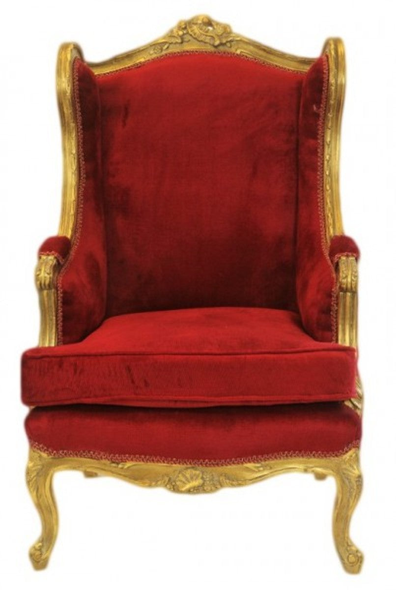 Barock Lounge Thron Sessel Bordeaux Rot / Gold - Ohren Sessel - Ohrensessel Tron Stuhl