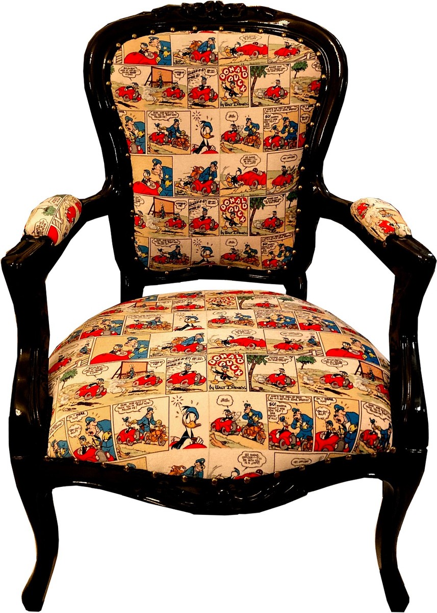 Barock Salonstuhl mit Comic Design Mehrfarbig / Schwarz / Gold - Handgefertigter Massivholz Salon Stuhl mit Samtstoff - Barock Möbel