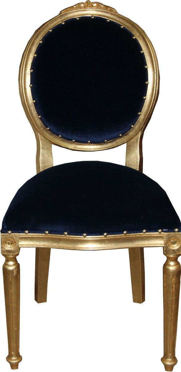 Barock Medaillon Luxus Esszimmer Stuhl ohne Armlehnen in Royalblau / Gold - Limited Edition