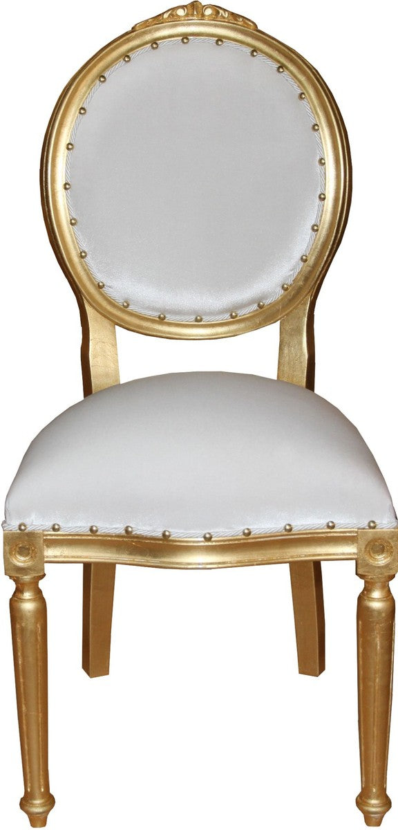 Barock Medaillon Luxus Esszimmer Stuhl ohne Armlehnen in Weiss / Gold - Limited Edition