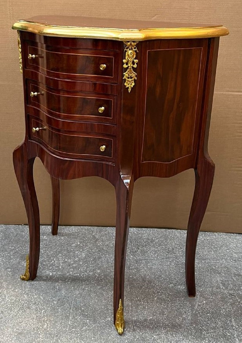 Barock Kommode Dunkelbraun / Gold - Handgefertigte Massivholz Kommode im Barockstil - Antik Stil Nachttisch - Beistelltisch mit 3 Schubladen - Handgefertigte Barock Möbel