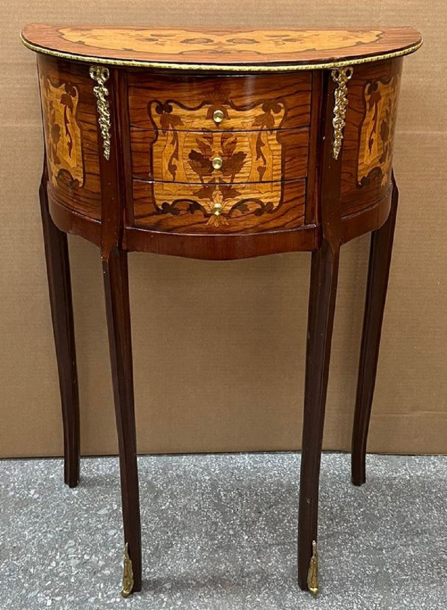 Barock Nachtkommode Braun Intarsien / Gold - Handgefertigte Barockstil Kommode mit 3 Schubladen - Barock Möbel - Schlafzimmer Möbel im Barockstil - Edel & Prunkvoll