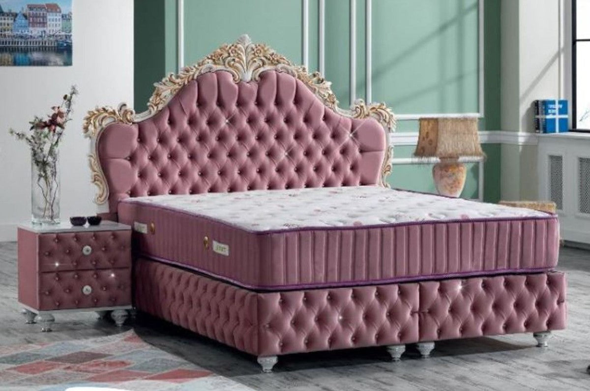 Barock Nachttisch mit Glitzersteinen und 2 Schubladen Rosa / Weiß / Silber 50 x 50 x H. 50 cm - Beistelltisch im Barockstil - Barock Schlafzimmer Möbel