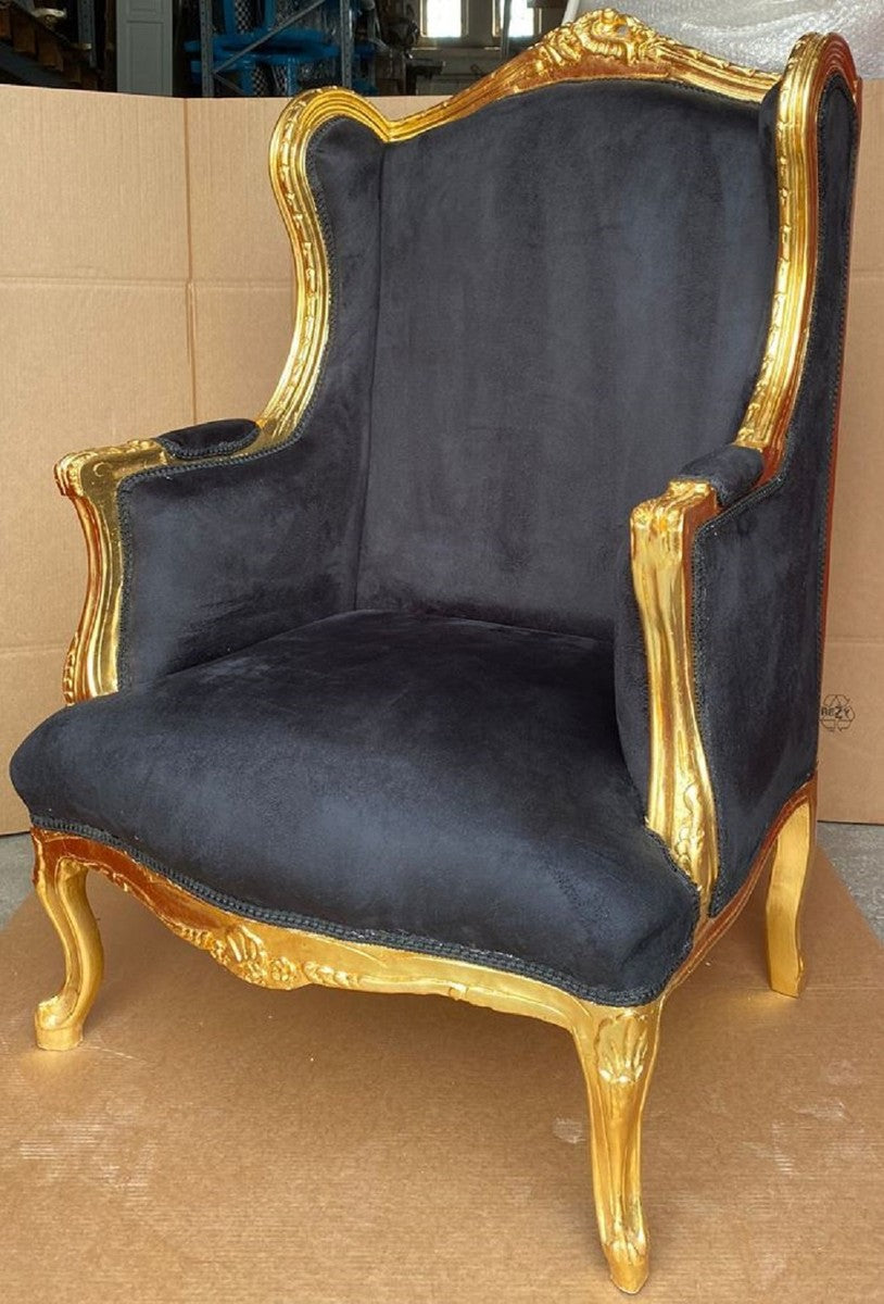 Barock Ohrensessel Schwarz / Gold - Handgefertigter Antik Stil Wohnzimmer Sessel - Antik Stil Möbel - Barock Wohnzimmer Möbel
