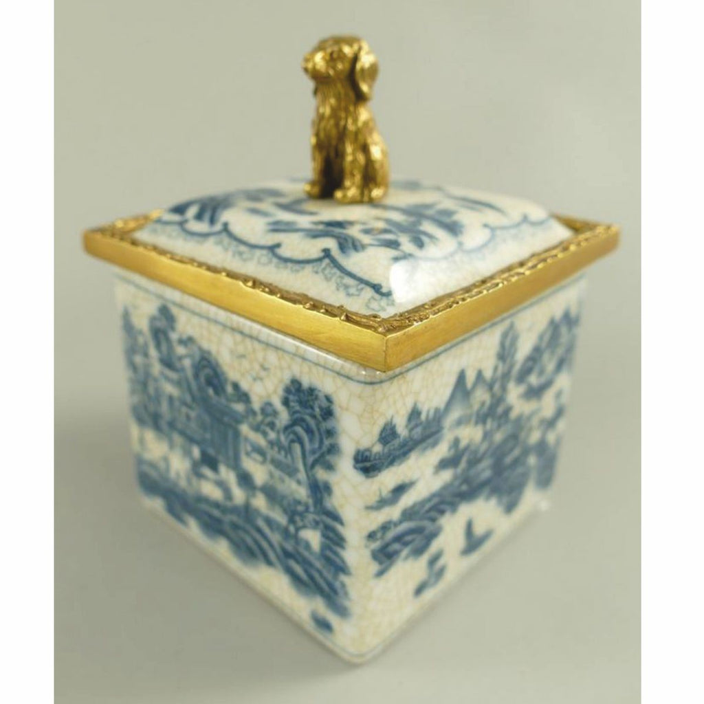 Barock Porzellan Zuckerdose mit Deckel Creme / Blau / Messing 10 x 10 x H. 13 cm