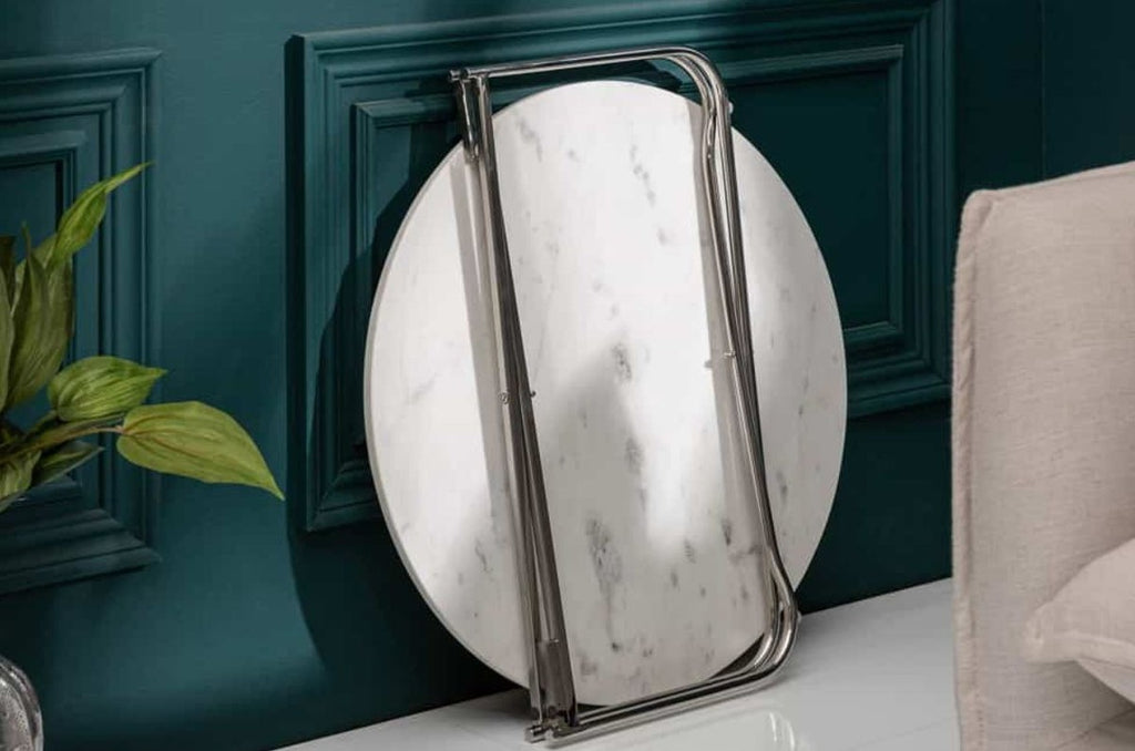 Couchtisch mit Marmorplatte Weiß / Silber Ø 62 cm - Wohnzimmer Möbel